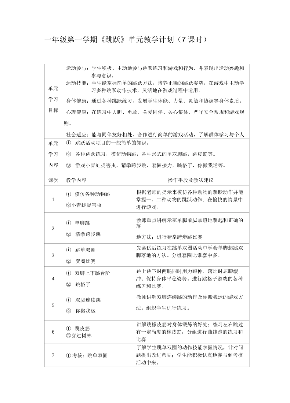 一年级第一学期《跳跃》单元教学计划_第1页