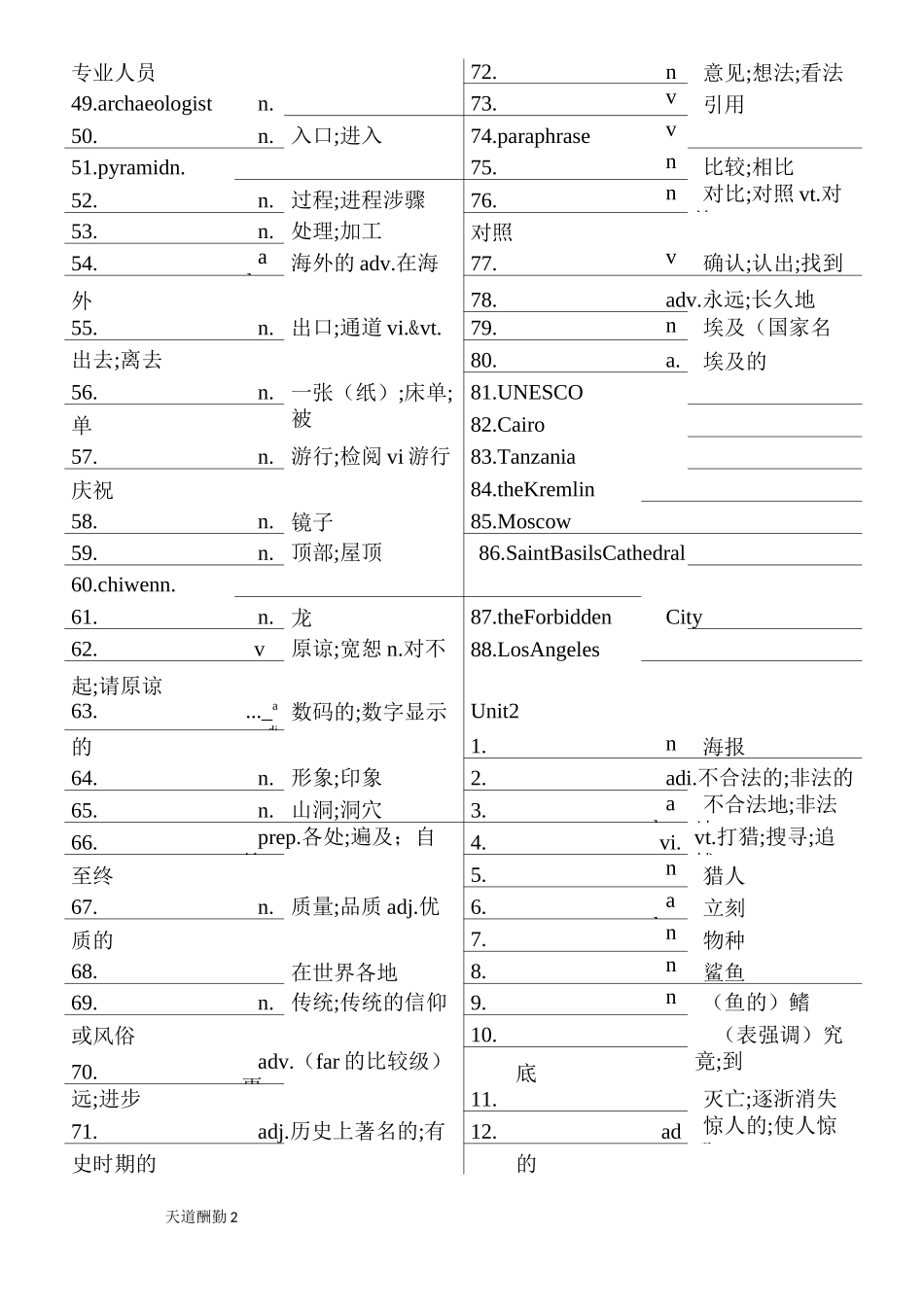 2020新人教版高中英语必修二单词中译英默写_第2页