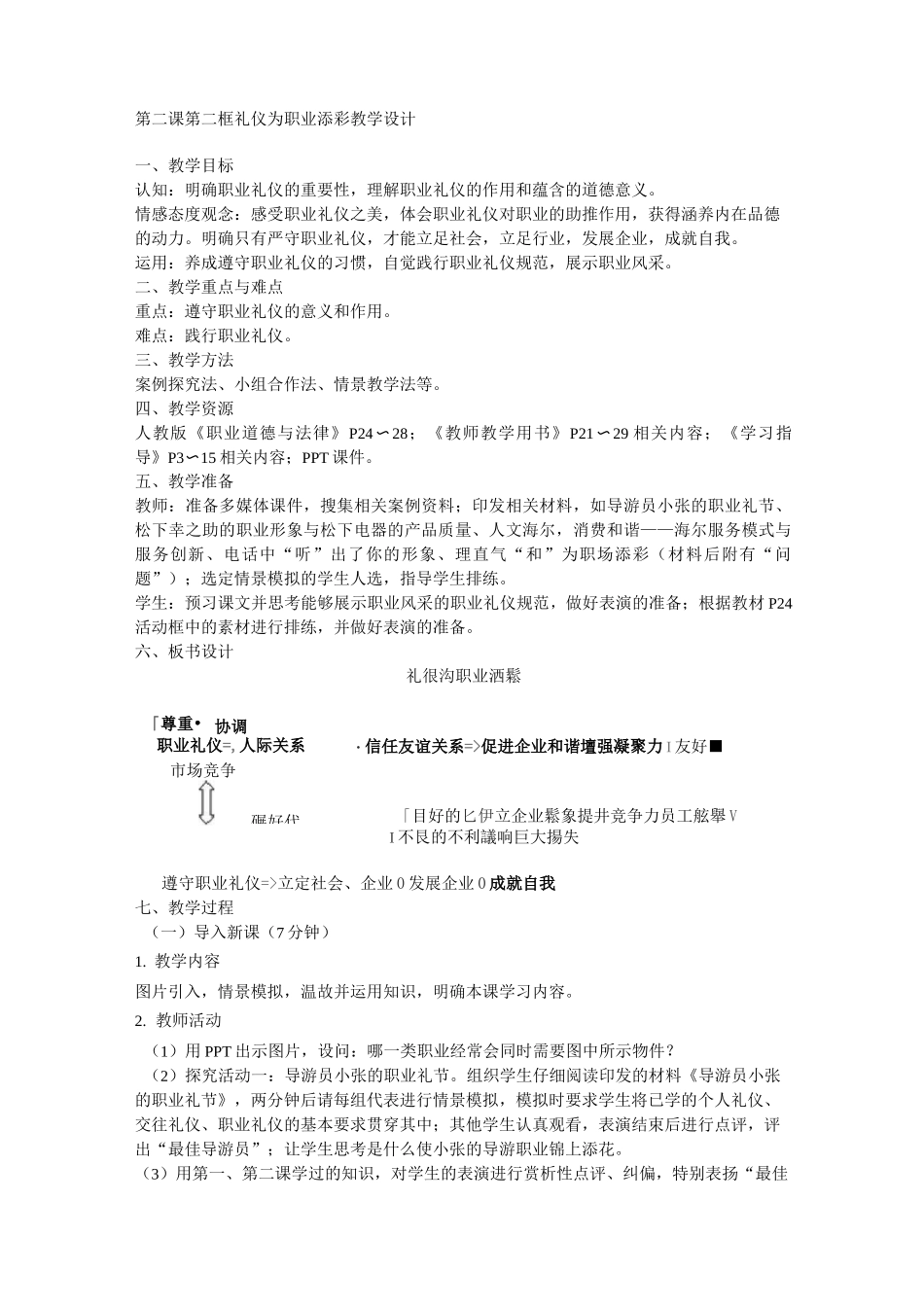 第二课第二框 礼仪为职业添彩 教学设计_第1页