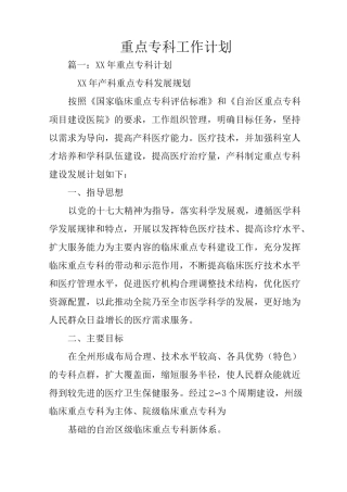 重点专科工作计划