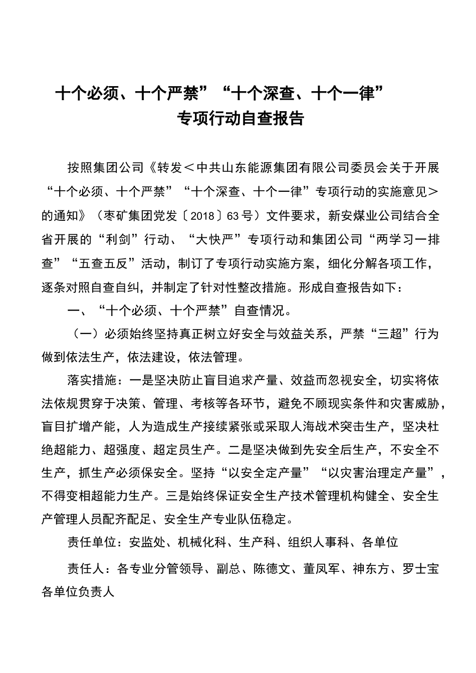 “十个必须、十个严禁”“十个深查、十个一律”专项行动自查报告_第1页