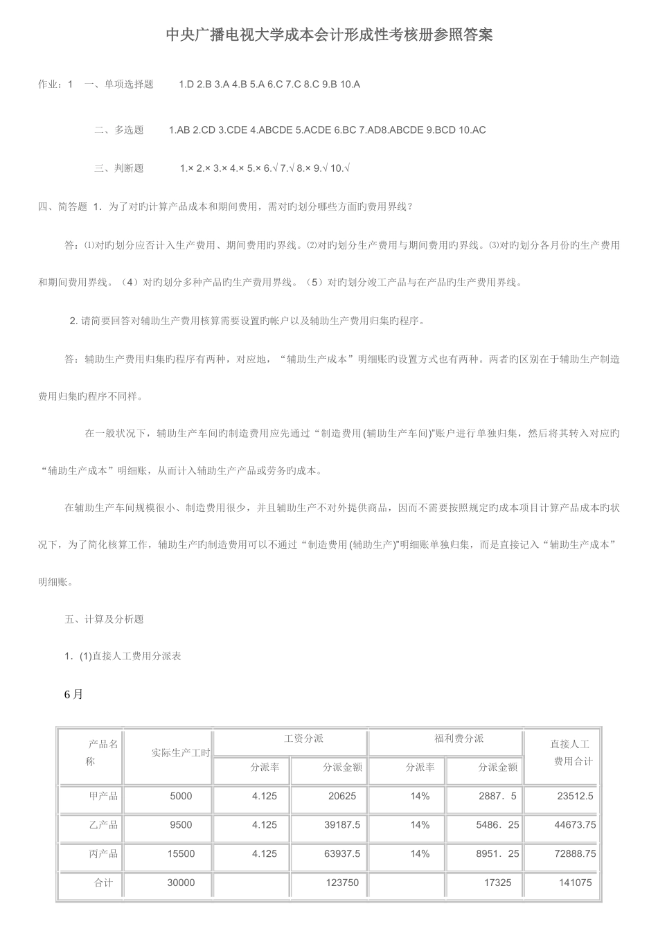 2025年中央广播电视大学成本会计形成性考核册参考答案新版_第1页