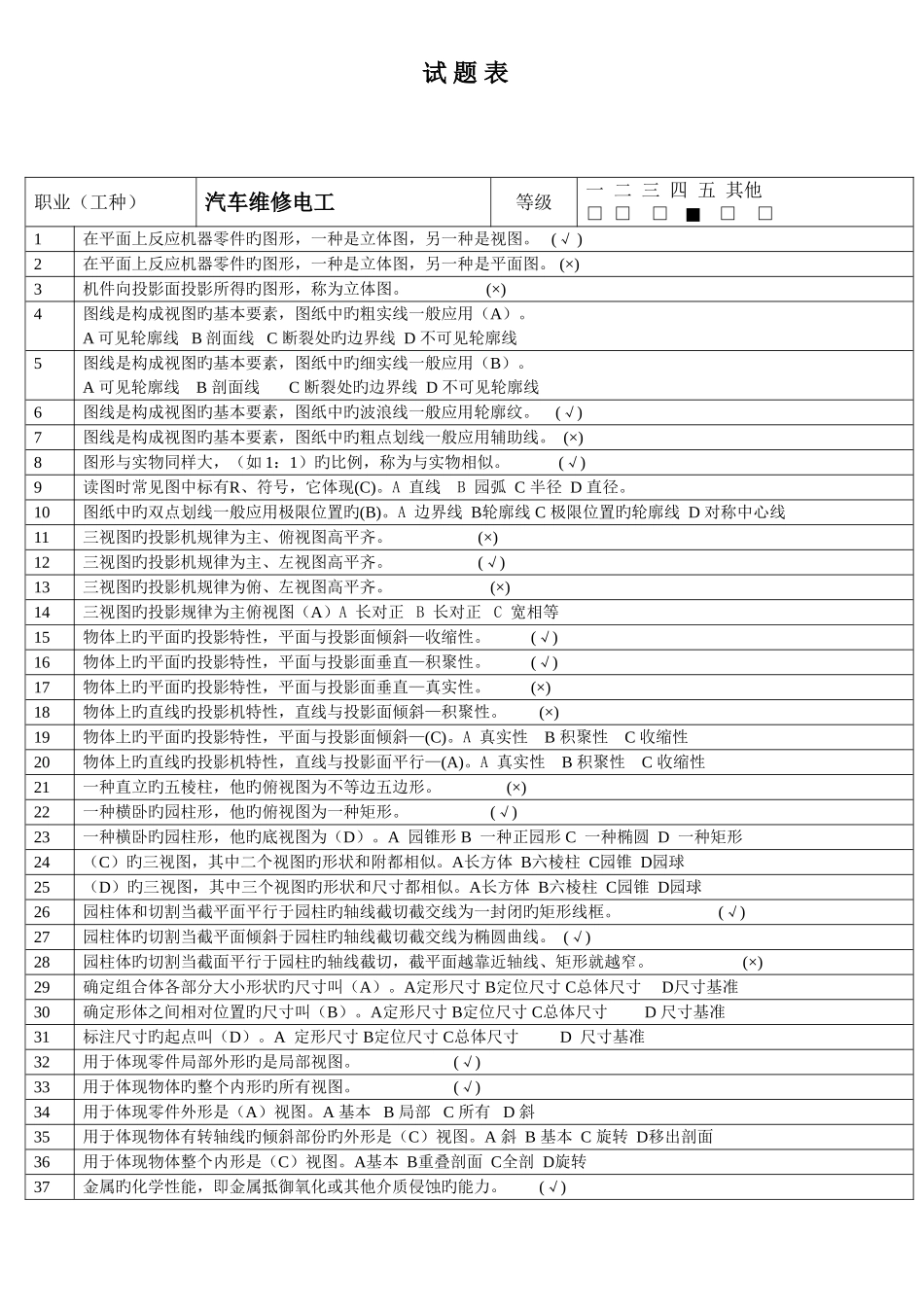2025年中级汽车维修电工试题库_第1页
