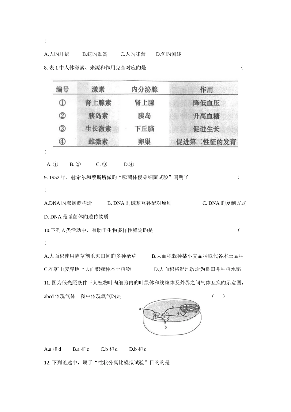 2025年上海市高中学业水平考试生命科学试卷及答案_第2页