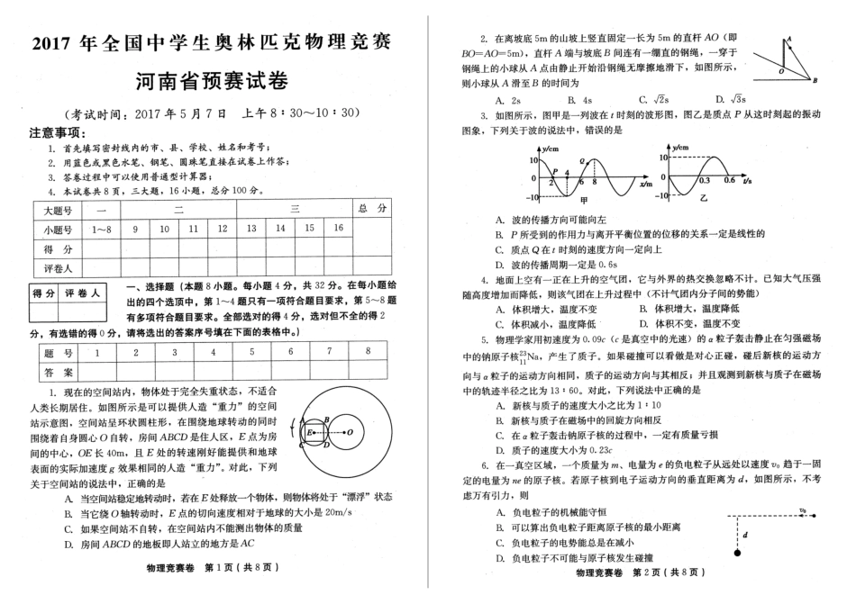 2025年中学生奥林匹克物理竞赛河南省预赛试卷及答案_第1页