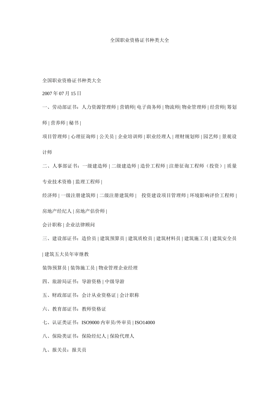 2025年全国职业资格证书种类大全_第1页