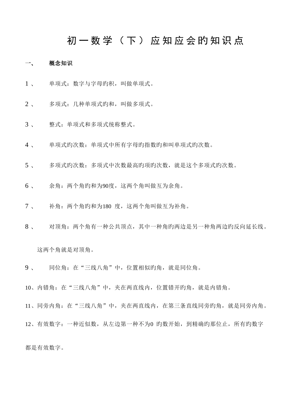 2025年初一下学期数学知识点归纳_第1页
