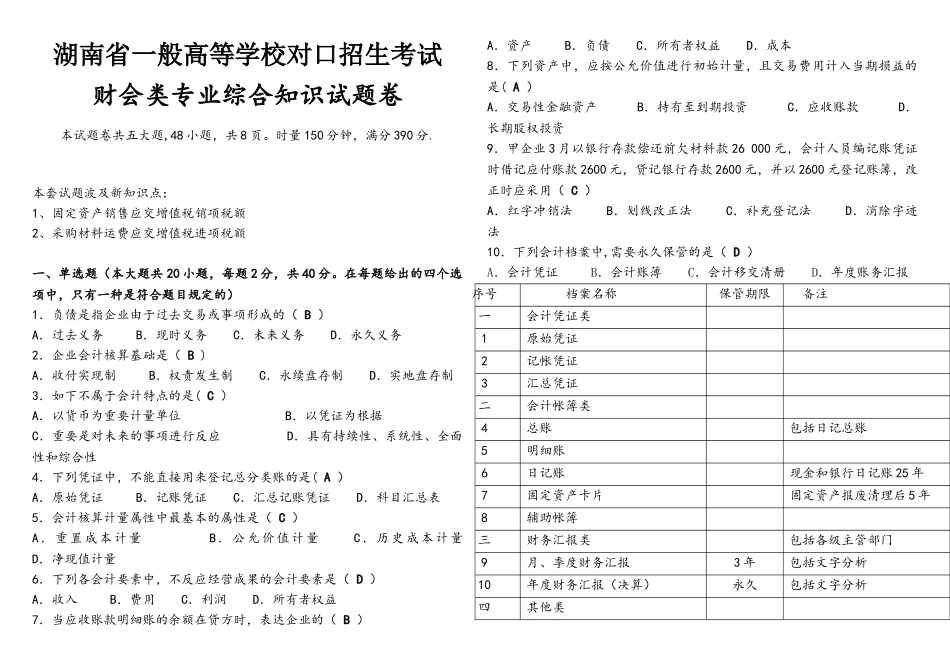 2025年湖南省对口招生考试财会类专业综合知识真题含答案_第1页