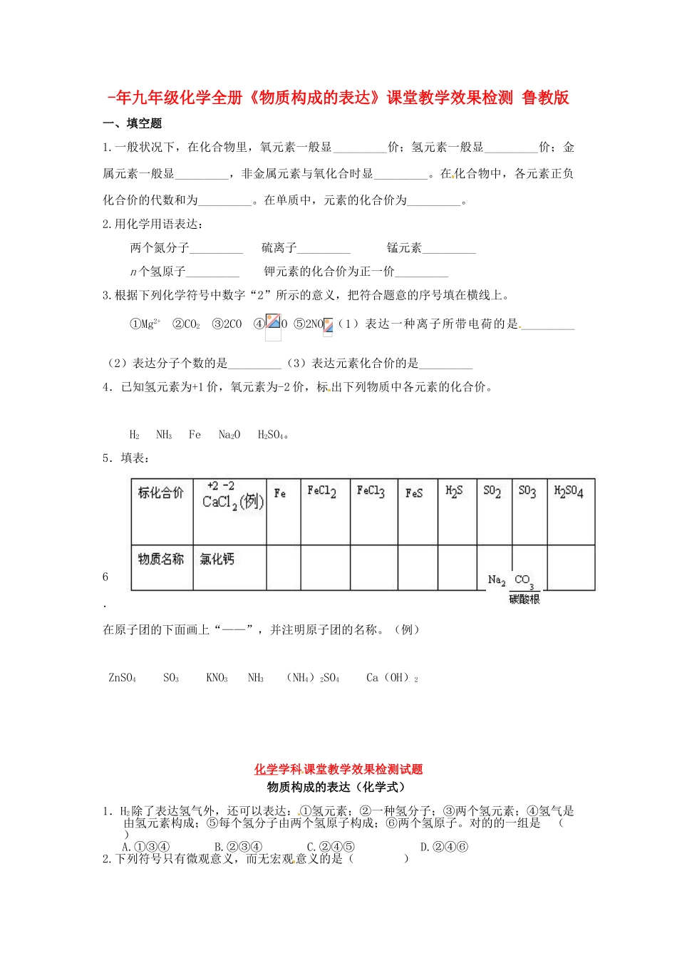2025年九年级化学全册物质组成的表示课堂教学效果检测鲁教版_第1页