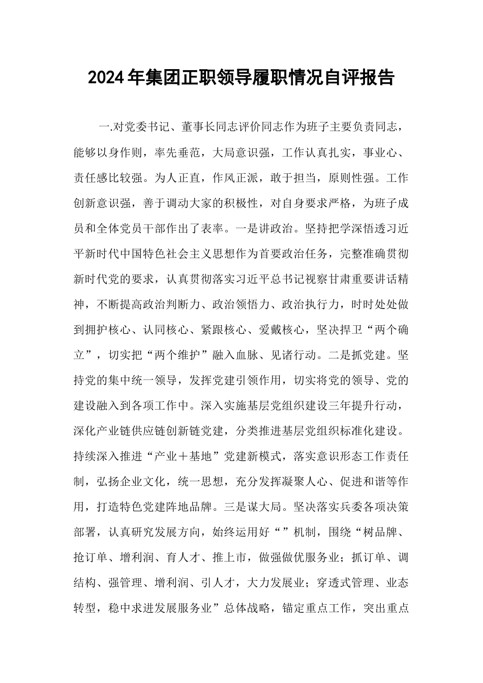 2024年集团正职领导履职情况自评报告【资深秘书】_第1页