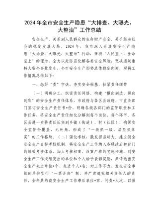 2024年全市安全生产隐患“大排查、大曝光、大整治”工作总结 (1)