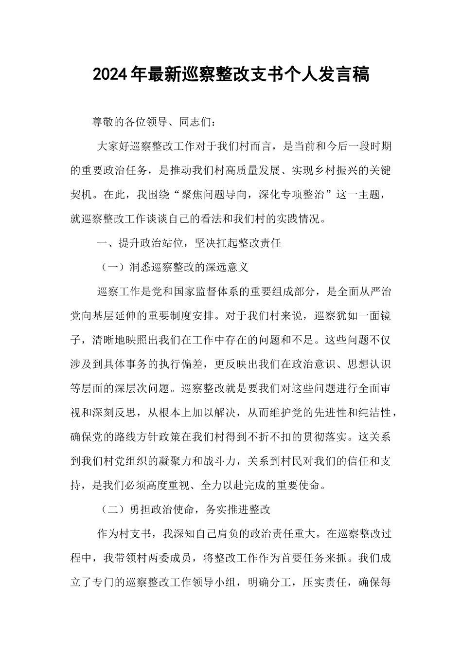 2024年最新巡察整改支书个人发言稿【资深秘书】_第1页