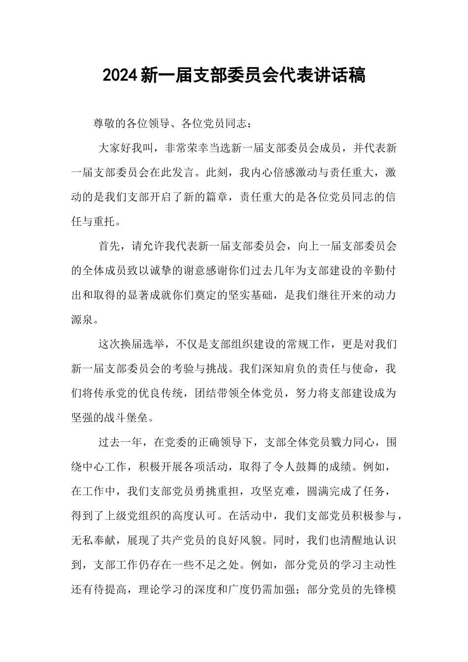2024新一届支部委员会代表讲话稿【资深秘书】_第1页