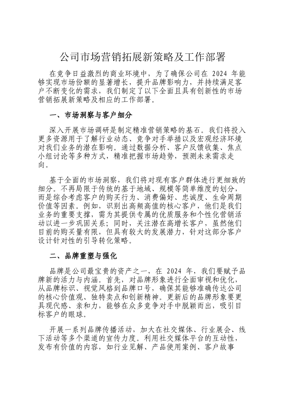 公司市场营销拓展新策略及工作部署_第1页