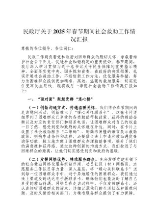 民政厅关于2025年春节期间社会救助工作情况汇报