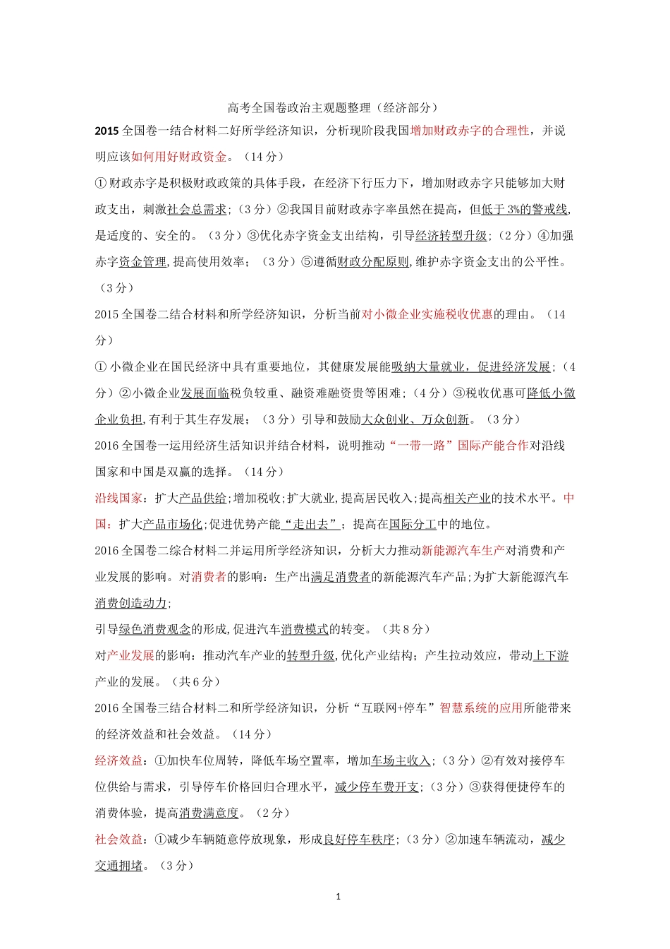 高中政治  高考全国卷政治主观题整理_第1页