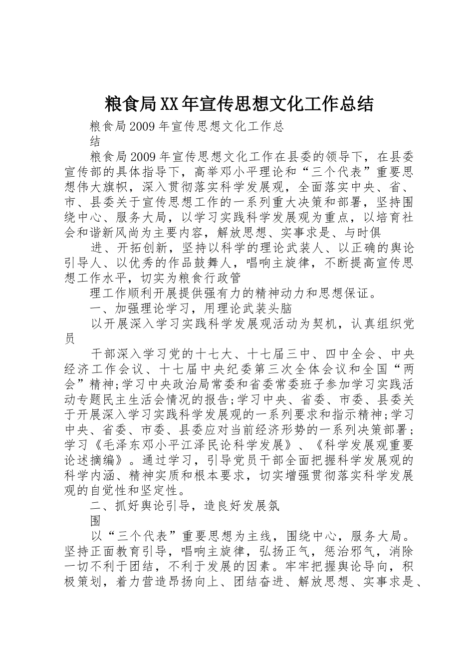 粮食局XX年宣传思想文化工作总结_1_第1页