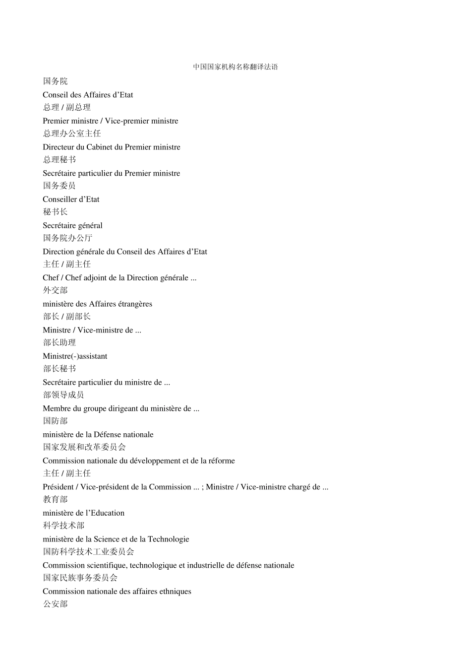 法汉对照：中国国家机构名称翻译_第1页
