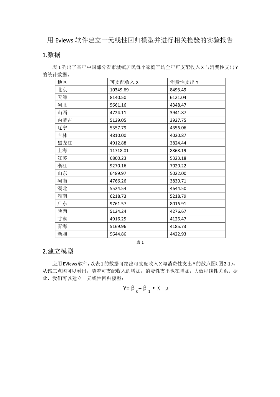 用Eviews软件建立一元线性回归模型并进行相关检验的实验报告_第1页