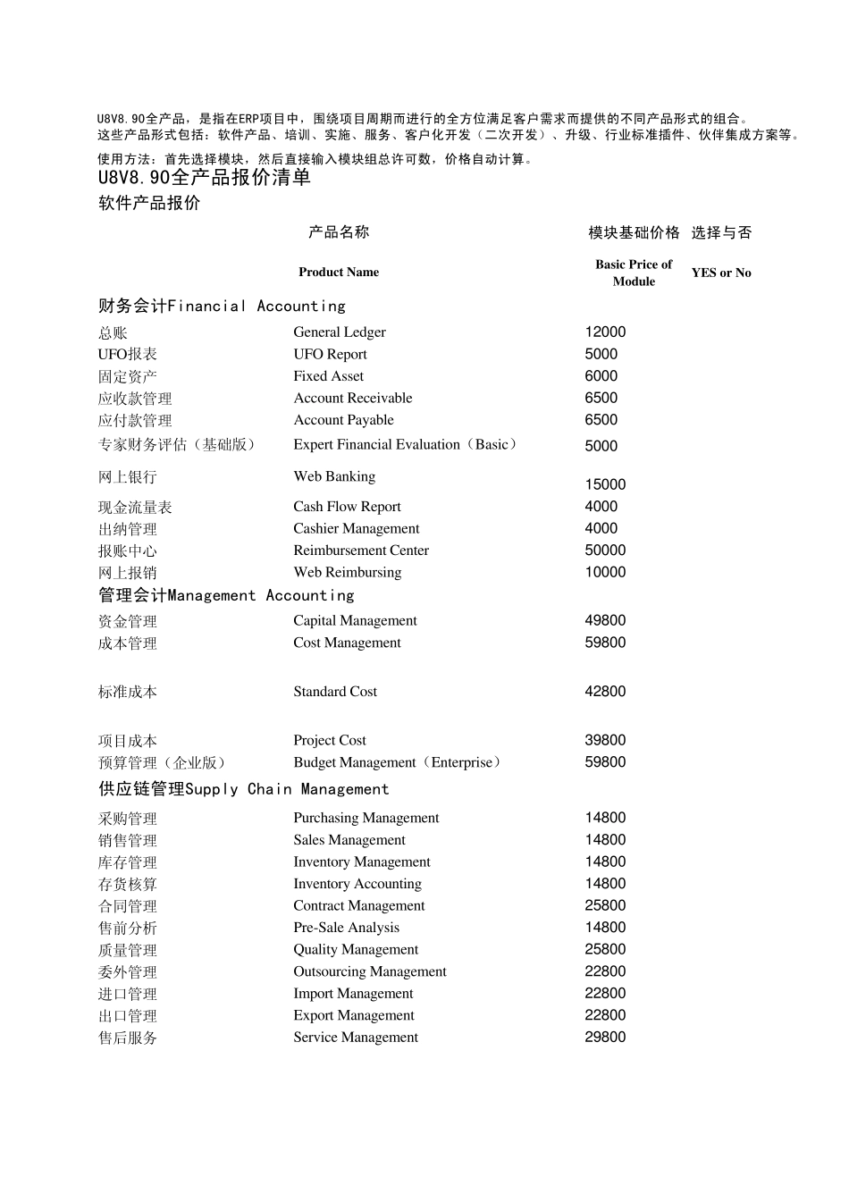 用友U8V8.90全产品报价计算表_第1页