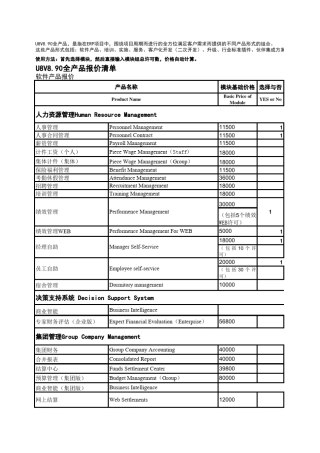 用友U8最新版人力资源报价单