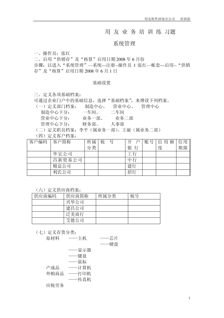 用友购销存进销存模板练习手册练习题_第1页