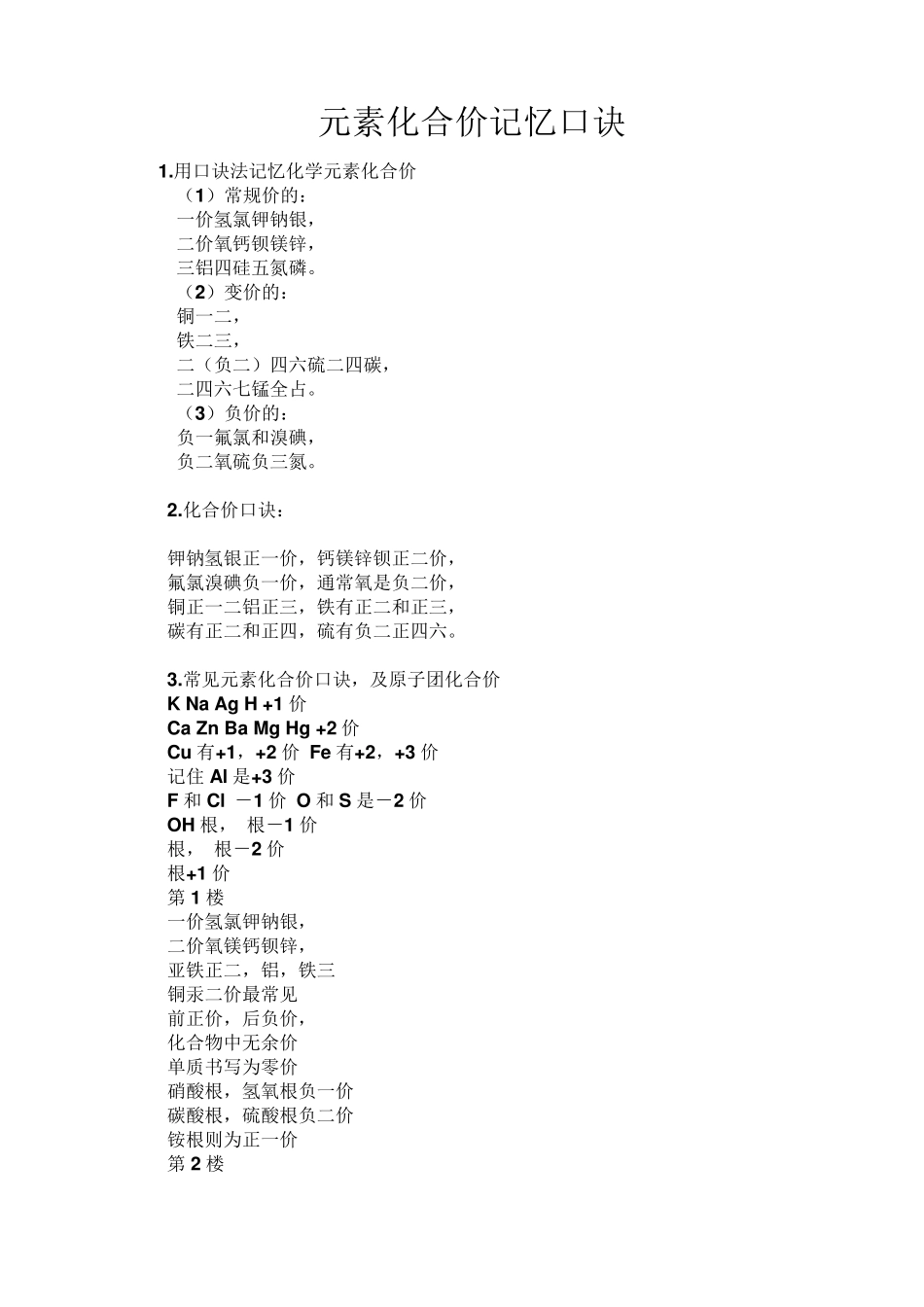 用口诀法记忆化学元素化合价_第1页