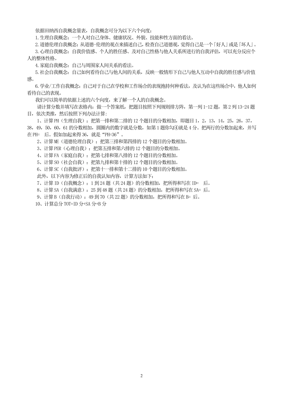 田纳西自我概念问卷及评分标准_第2页