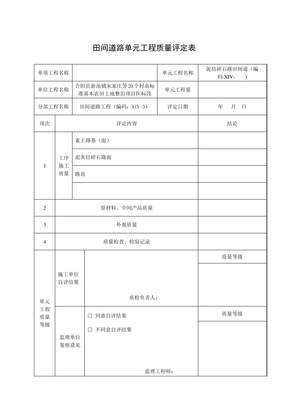 田间道路单元工程质量评定表_第1页