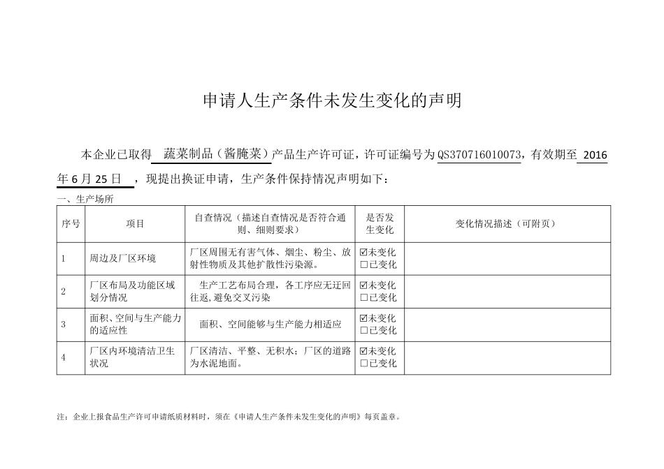 申请人生产条件未发生变化的声明_第1页