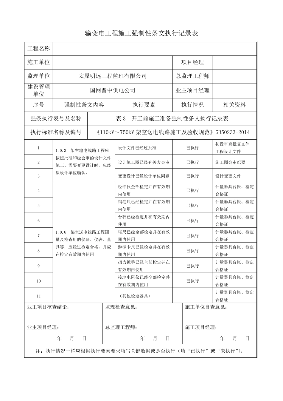 电力线路强制性条文执行记录表_第1页