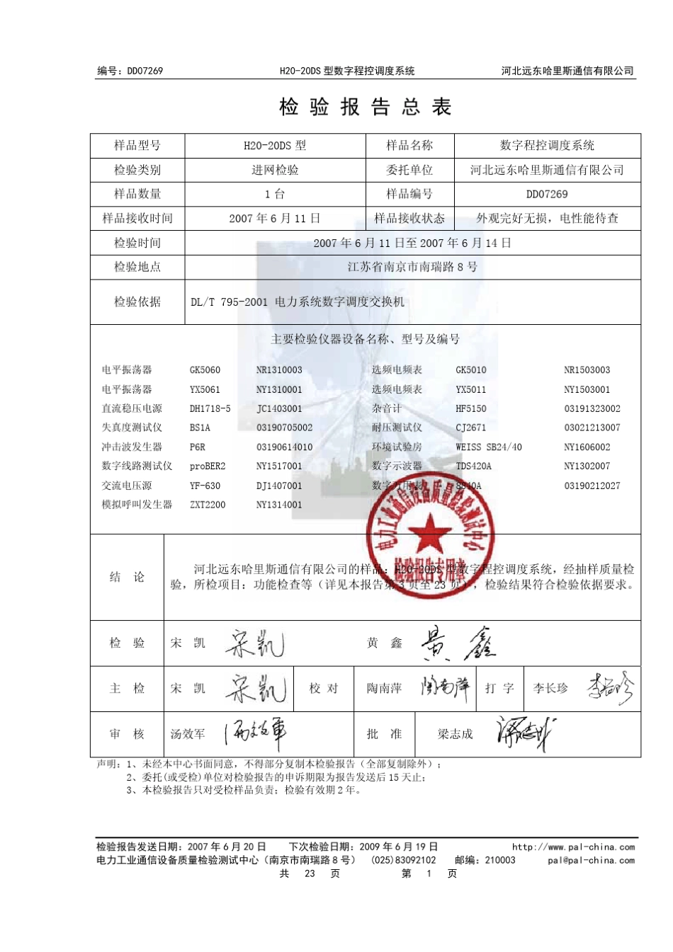 电力部远东哈里斯调度机进网检测报告_第2页
