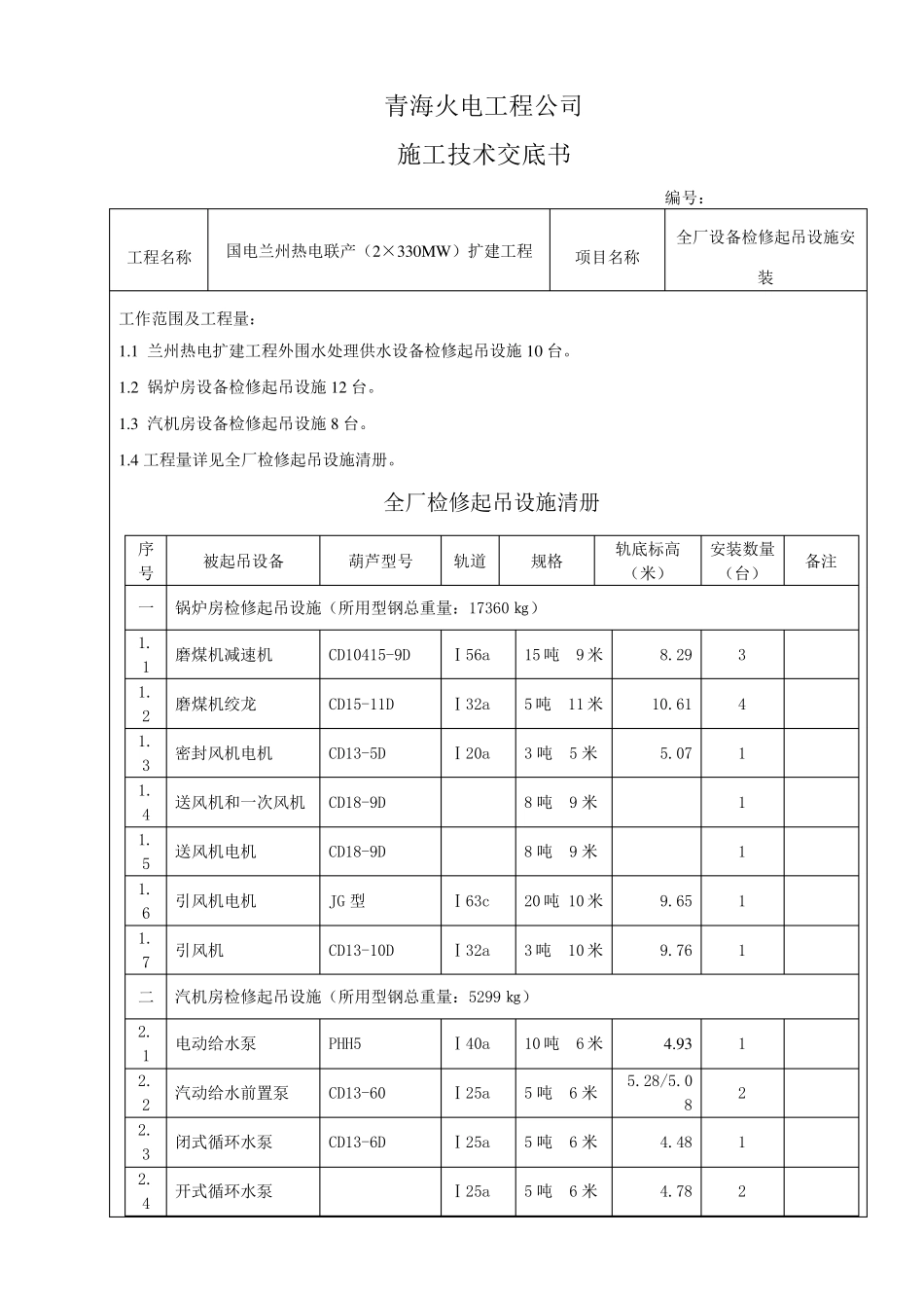 电动葫芦安装技术交底_第1页