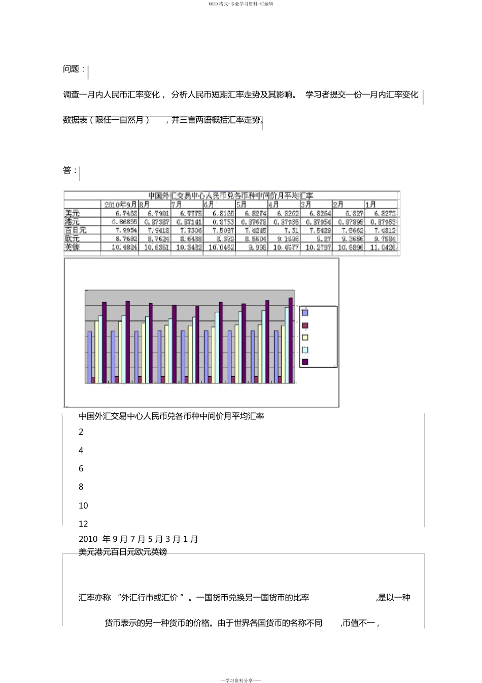 电大作业汇率调查人民币汇率变化,分析人民币短期汇率走势与其影响_第1页