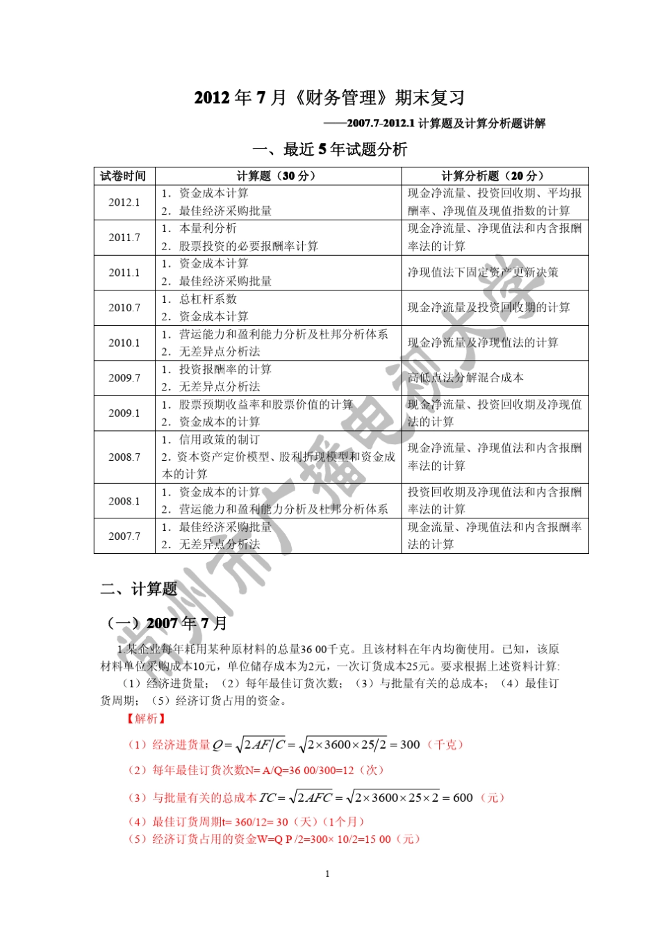 电大财务管理历年试卷分析_第1页