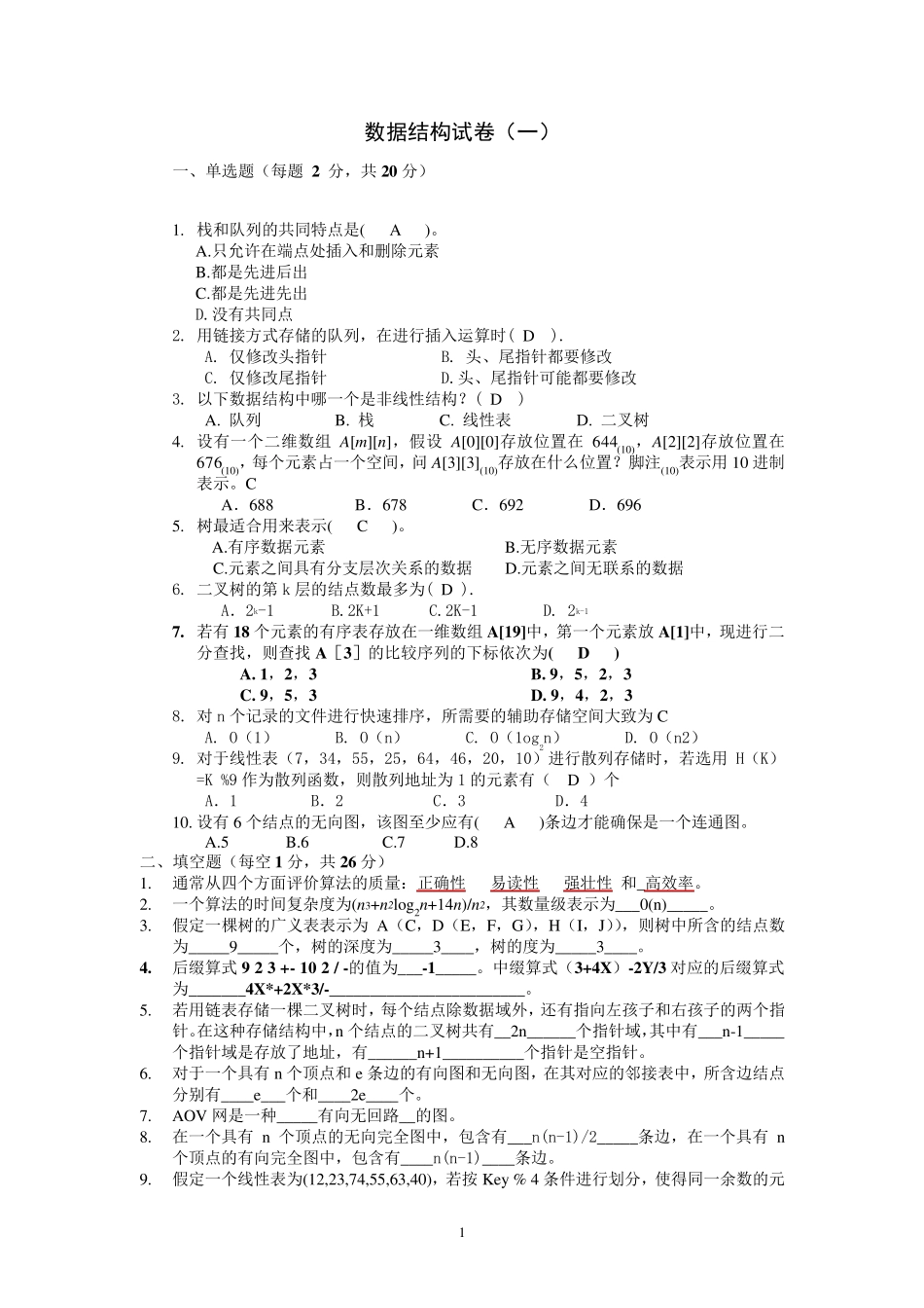 电子科技大学期末数据结构试题及答案_第1页