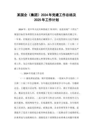 某国企（集团）2024年党建工作总结及2025年工作计划【资深秘书】