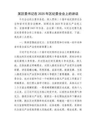 某区委书记在2025年区纪委全会上的讲话 