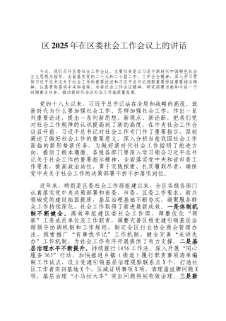 区2025年在区委社会工作会议上的讲话