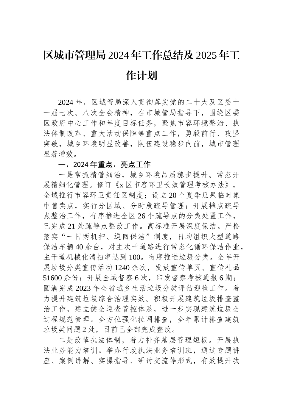 区城市管理局2024年工作总结及2025年工作计划 【资深秘书】_第1页