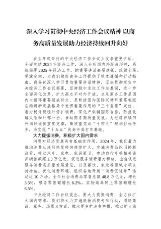 深入学习贯彻中央经济工作会议精神+以商务高质量发展助力经济持续回升向好