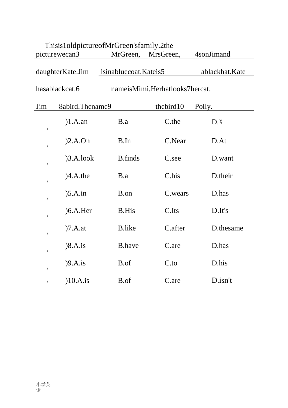 英语PEP四年级完型填空练习(1)_第2页