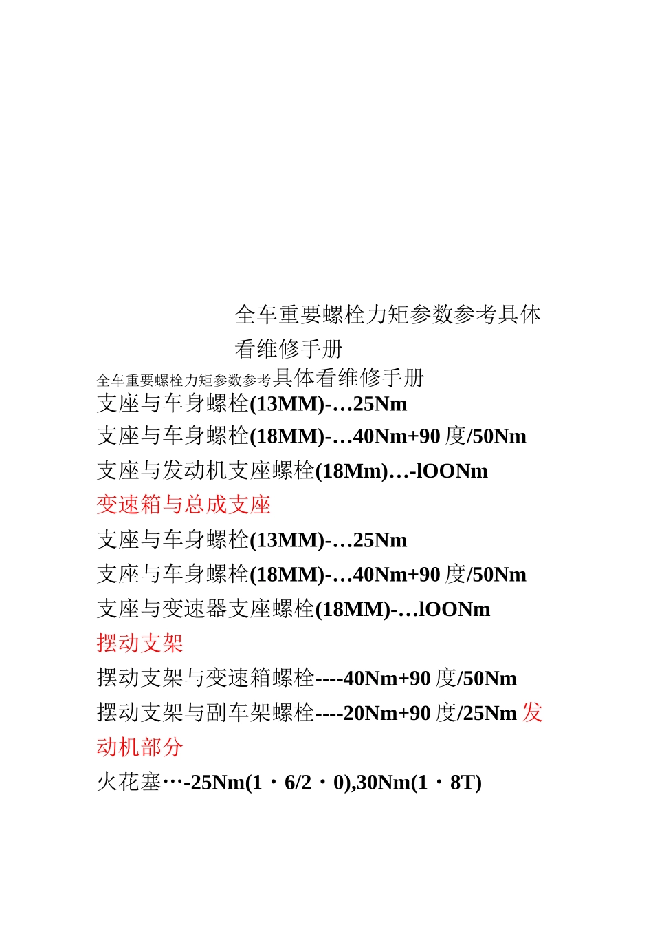 全车重要螺栓力矩参数 参考 具体看维修手册_第1页