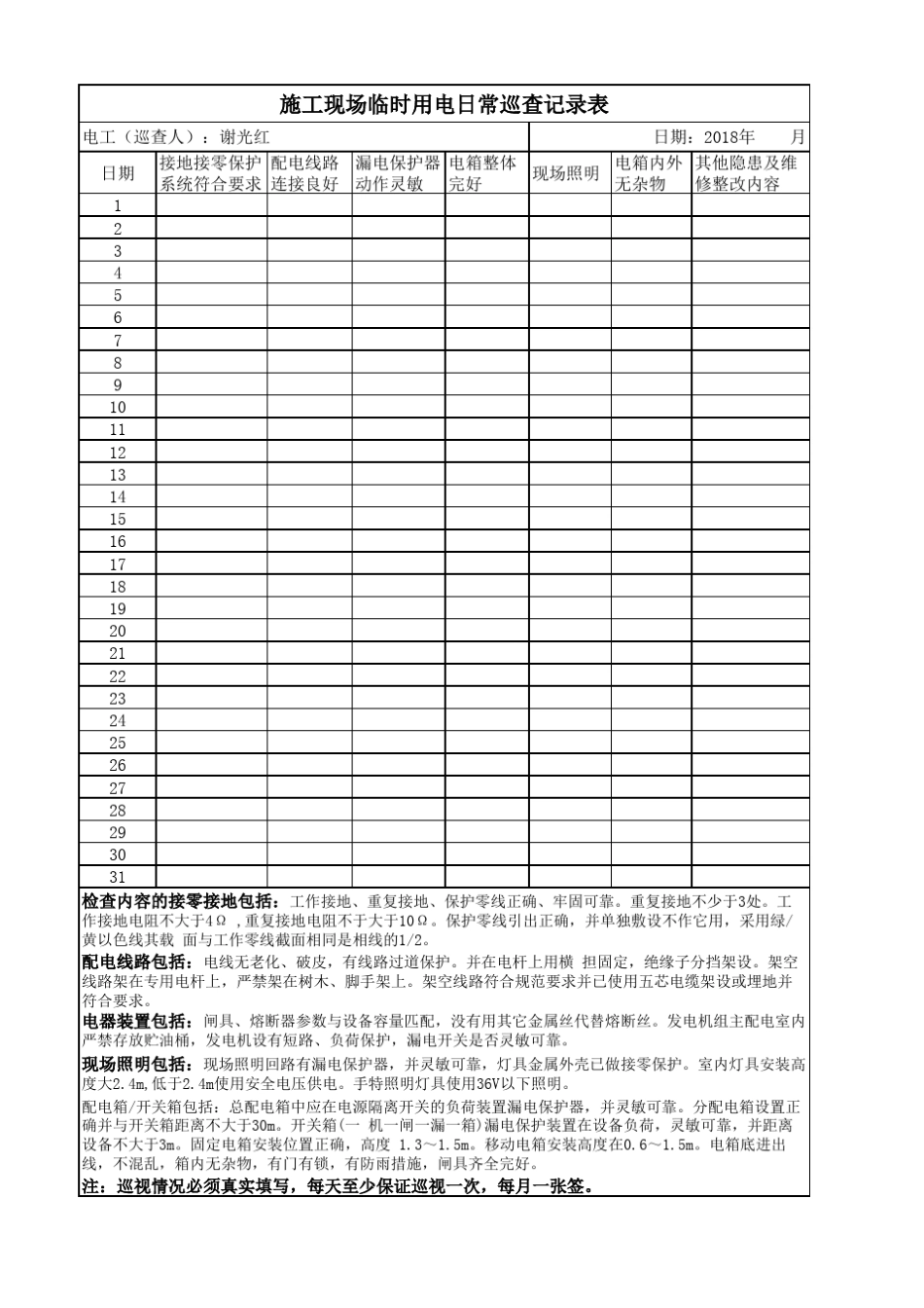 电工日常巡查表_第1页