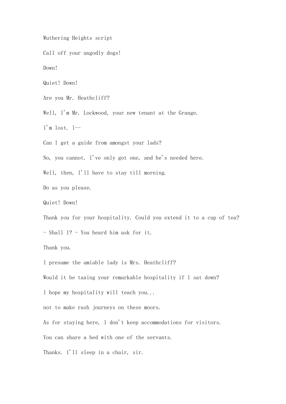 电影《呼啸山庄》的英文剧本_第1页