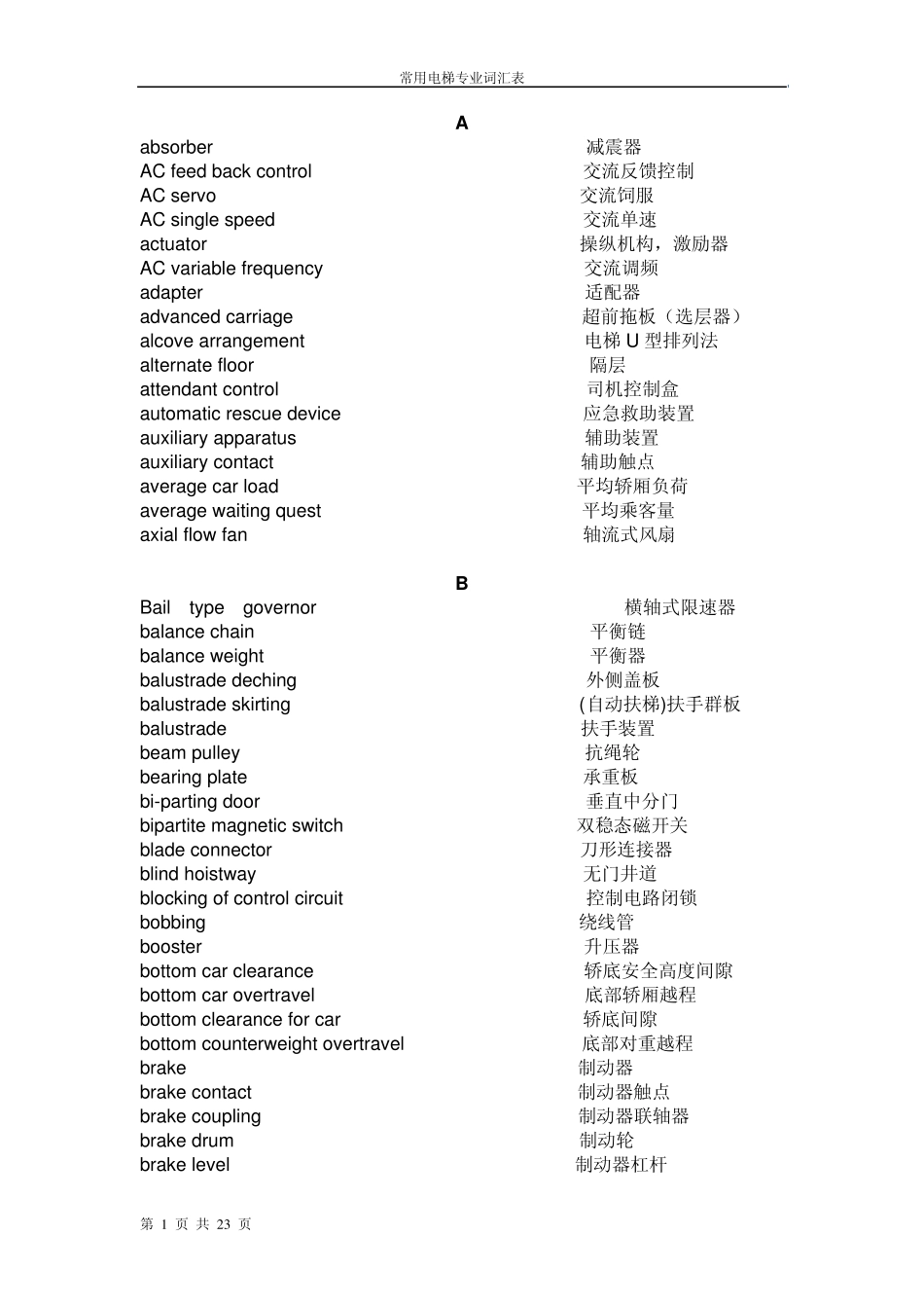 电梯英文词典_第1页