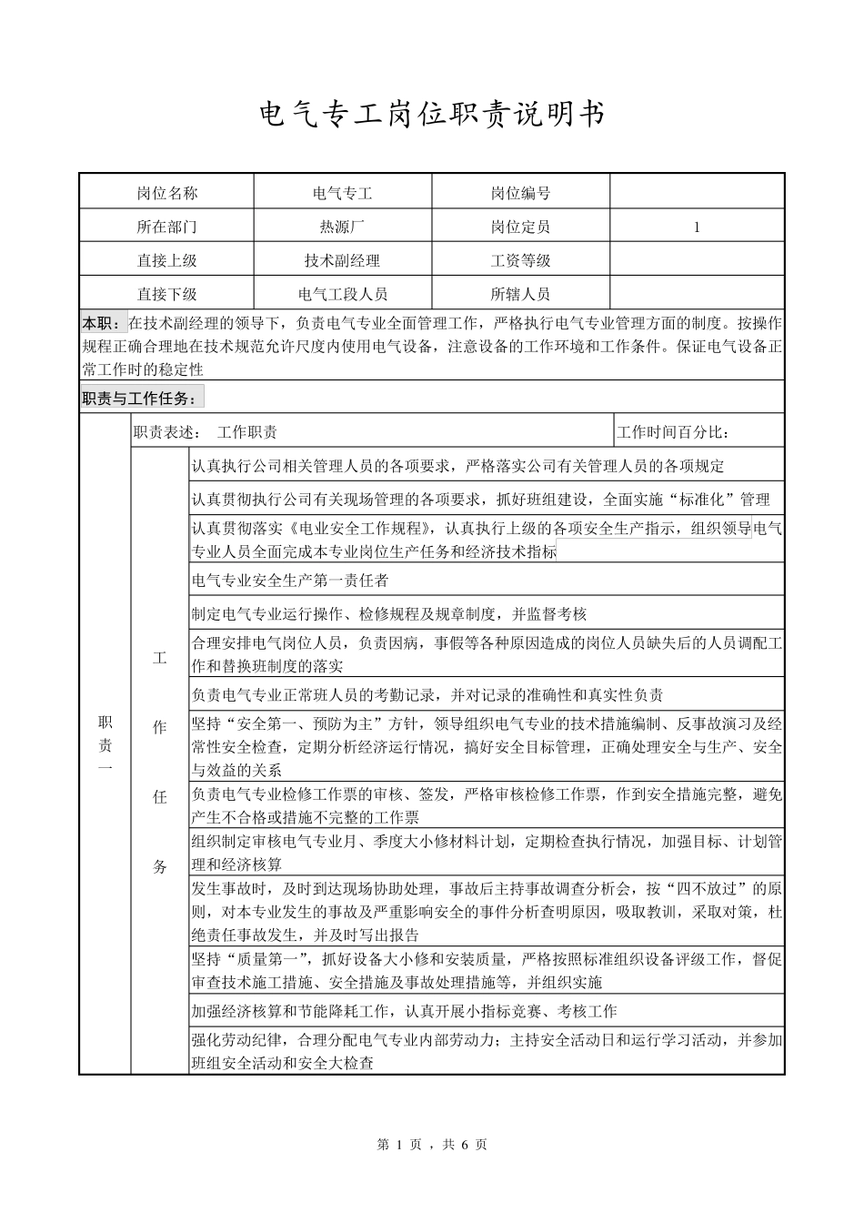 电气专工岗位职责说明书_第1页
