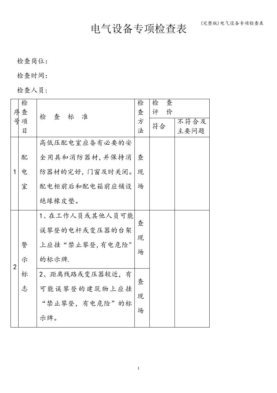 电气设备专项检查表_第1页