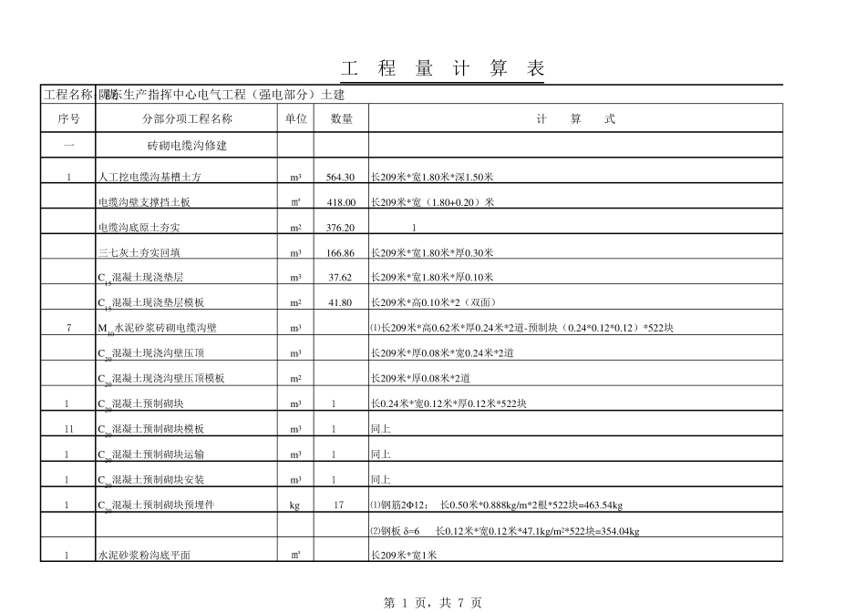 电缆沟工程量计算表(土建)_第1页