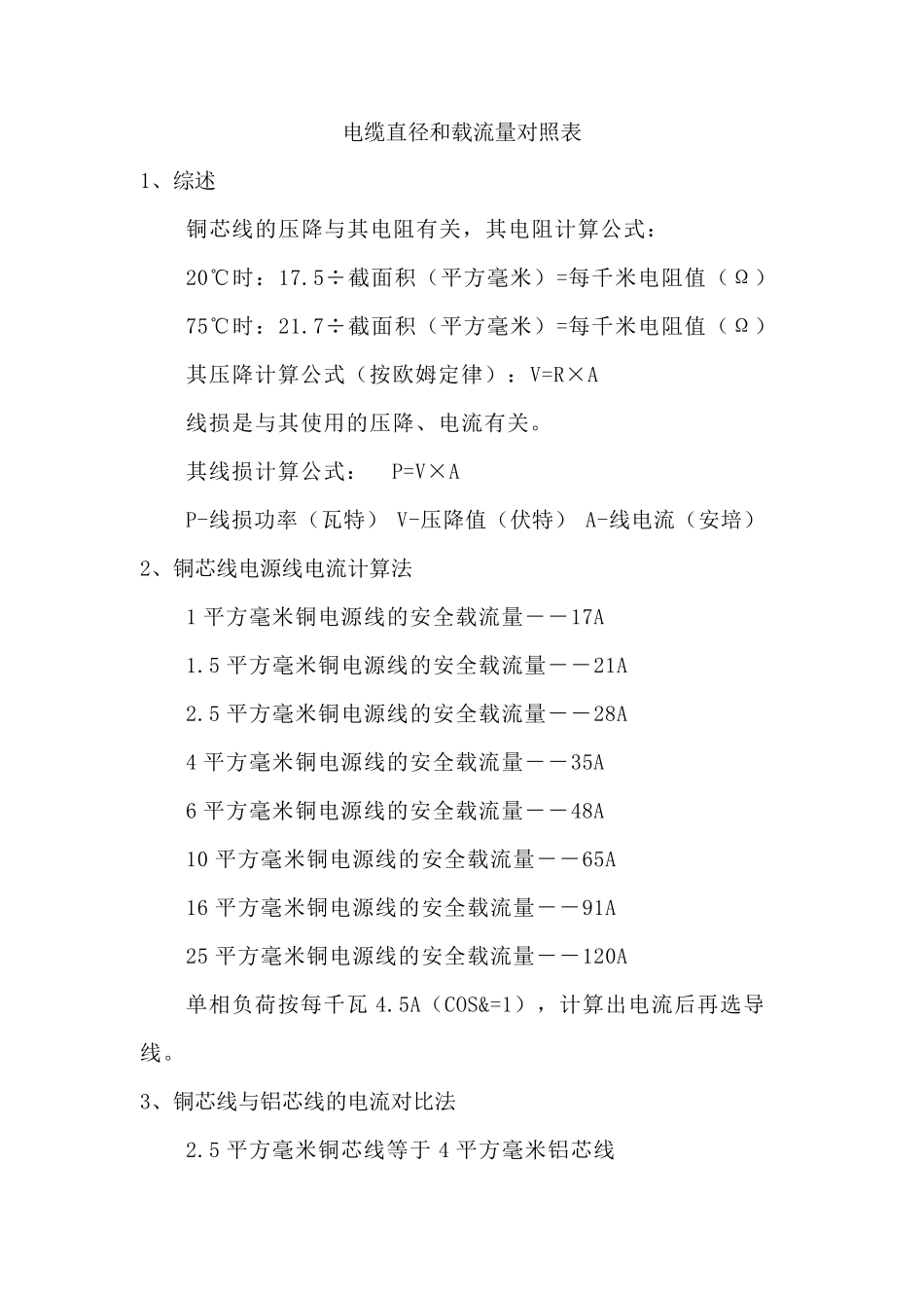 电缆直径和载流量对照表_第1页